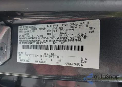 2017 Ford Escape Se from USA, damaged, VIN 1FMCU0GD7HUA98728